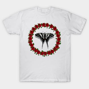 Zebra Swallowtail Butterfly in Red Rose Wreath T-Shirt